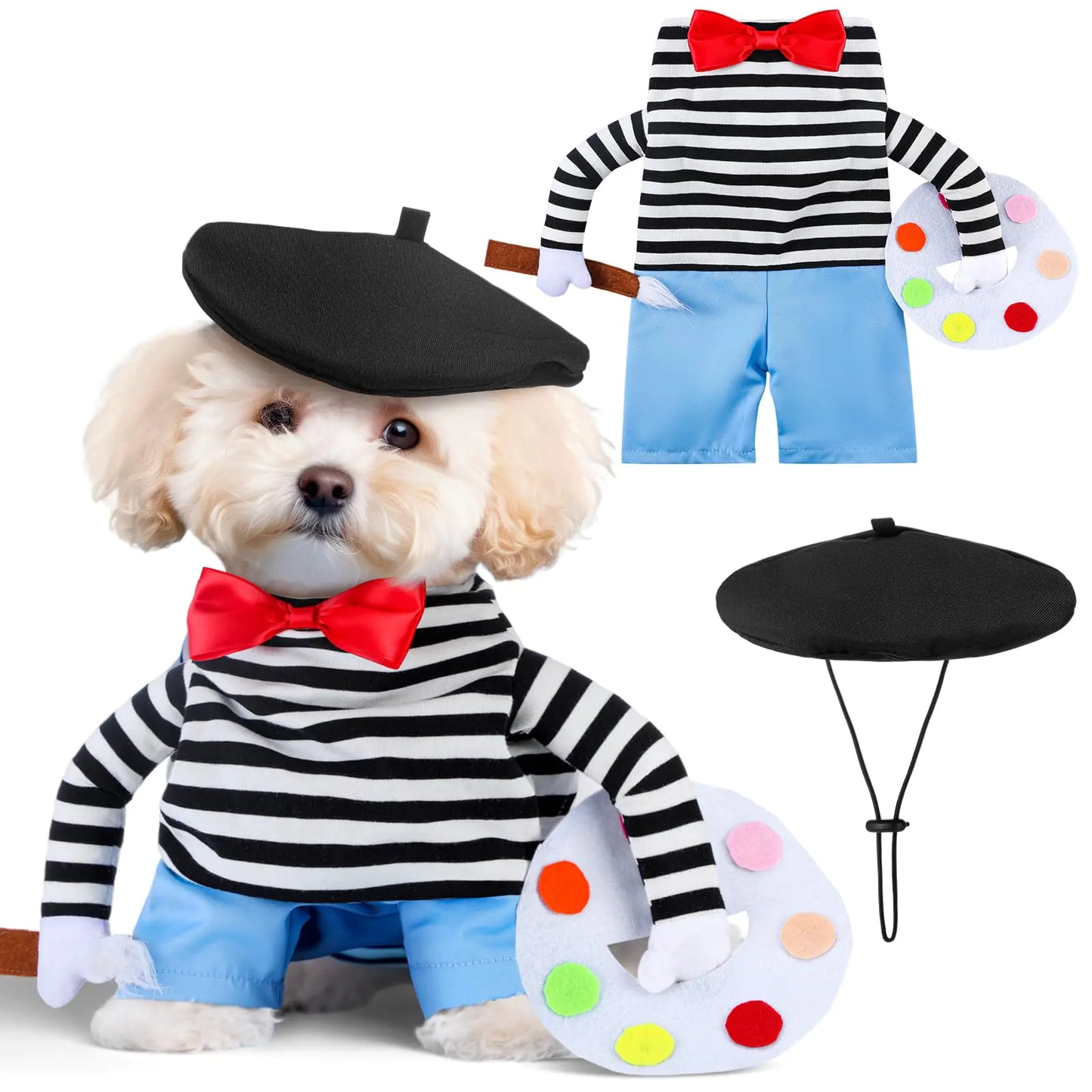 Dansydaisy Halloween Dog Costume Funny Dog Costume with Hat French Artist Dog Costume Painter Pet Clothes T-Shirt Jeans Beanie Beret Ties for Halloween Cosplay Brithday Party(M)