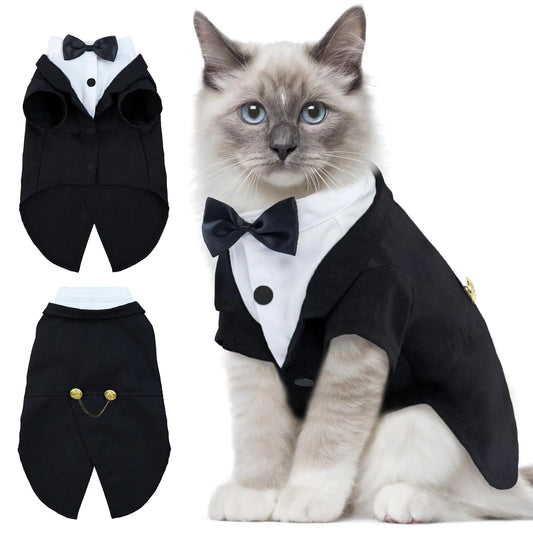 DENTRUN Cat Tuxedo Outfit Sphynx Cat Costume Formal Suit with Bow Tie Stylish Cat Shirt Fashion Apparel Fancy Clothes Kitten Formal Attire Wedding Onesie Costume for Cats Only